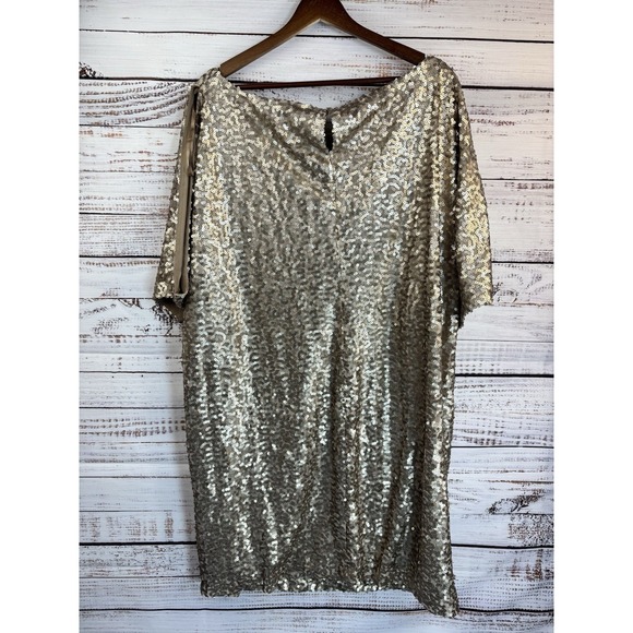 Vintage Plus Size Gold Sequin Cocktail Dress 20W Shift Knee Length Glam Party - Picture 13 of 13